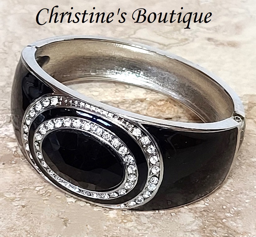 Enamel rhinestone bracelet, clamp style, black enamel with rhinestones