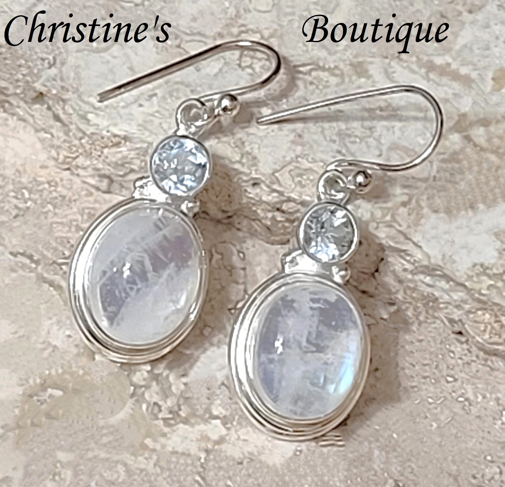Moonstone earrings with blue topaz gemstone, 925 sterling silver earrings - Click Image to Close