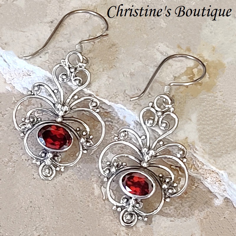 Garnet gemstone earrings, dangle earrings set in 925 sterling silver - Click Image to Close