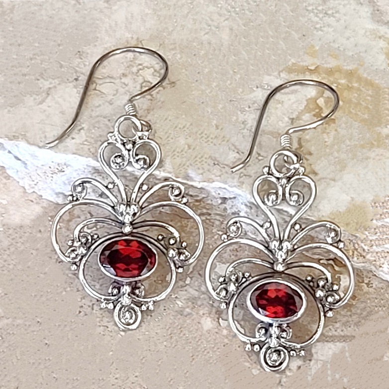 Garnet gemstone earrings, dangle earrings set in 925 sterling silver