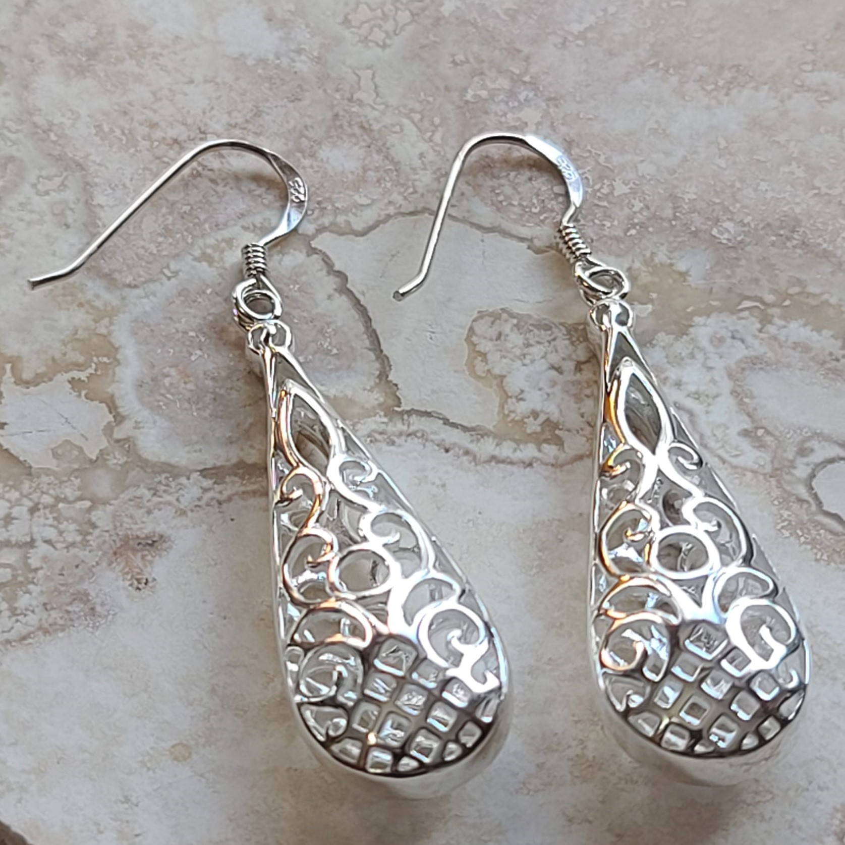 925 Sterling Silver Puffed Filigree Earrings on French Wire