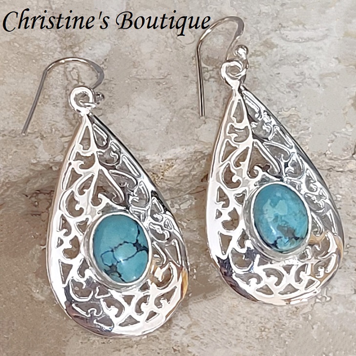 925 Sterling Silver and Turquoise Gemstone Cut out Earrings - Click Image to Close
