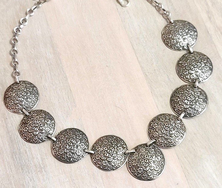 Sterling silver necklace with linked disk floral motif - 925 sterling silver, 17"