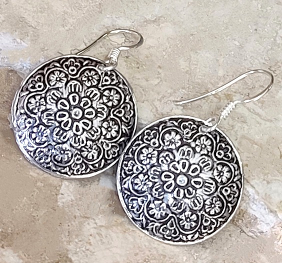 925 Sterling Silver Oxidized Floral Disk Earrings