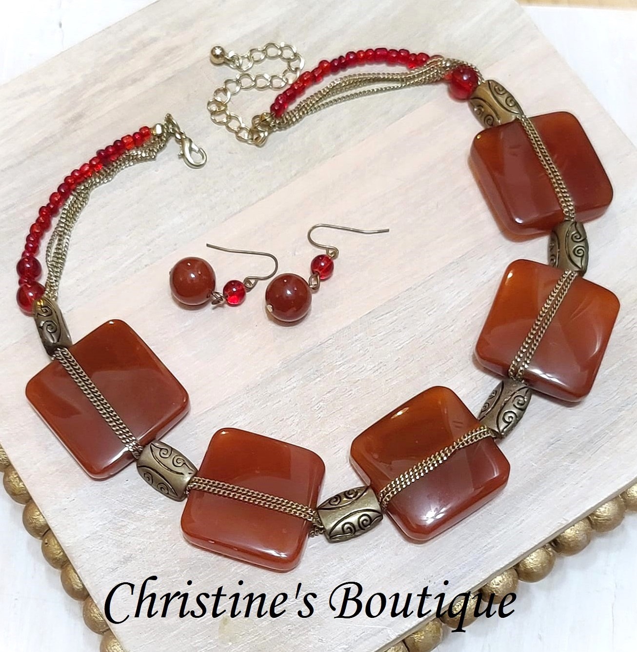 Agate & Carnelian Gemstone Necklace & Earrings Set - Click Image to Close