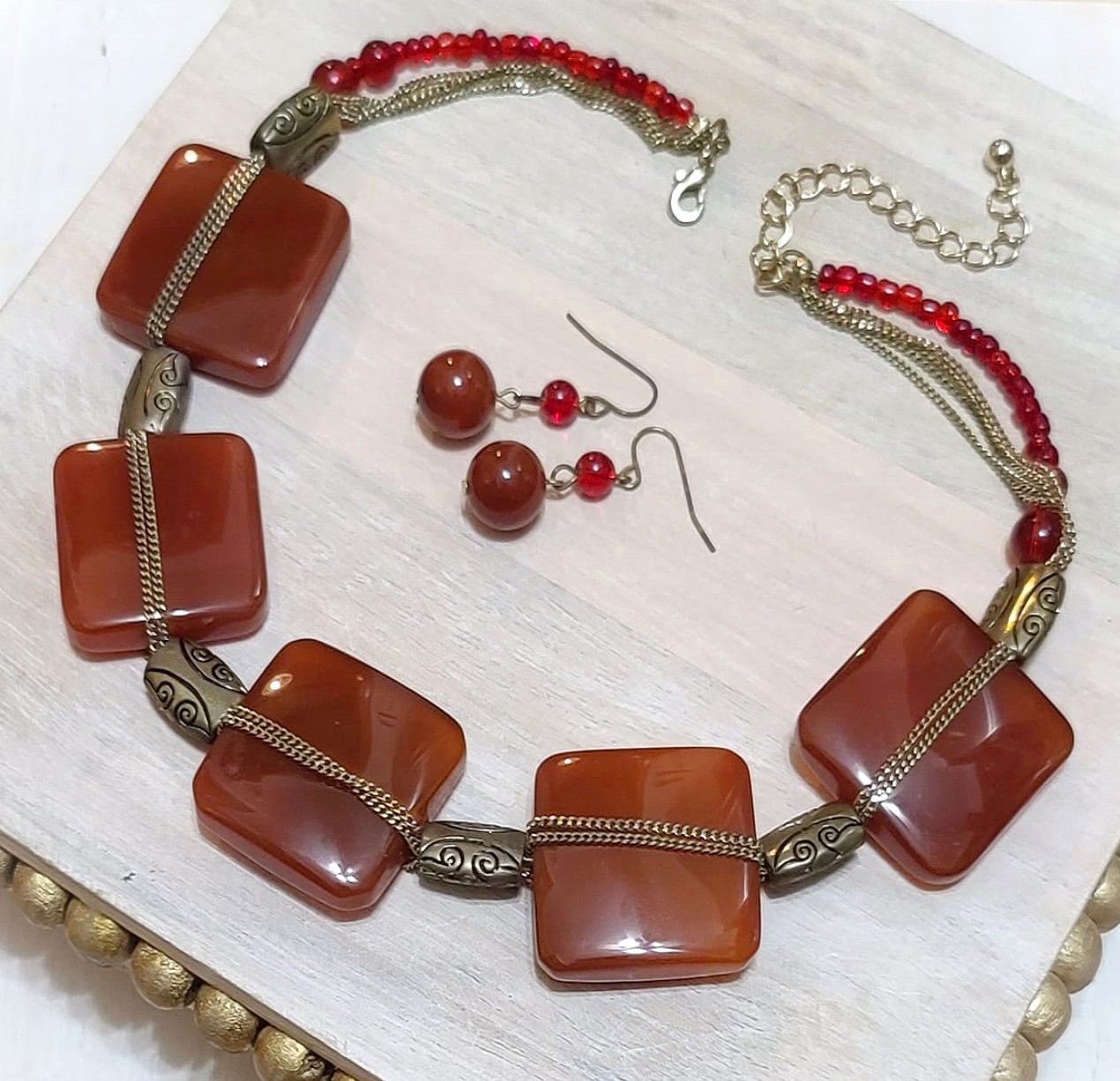 Agate & Carnelian Gemstone Necklace & Earrings Set