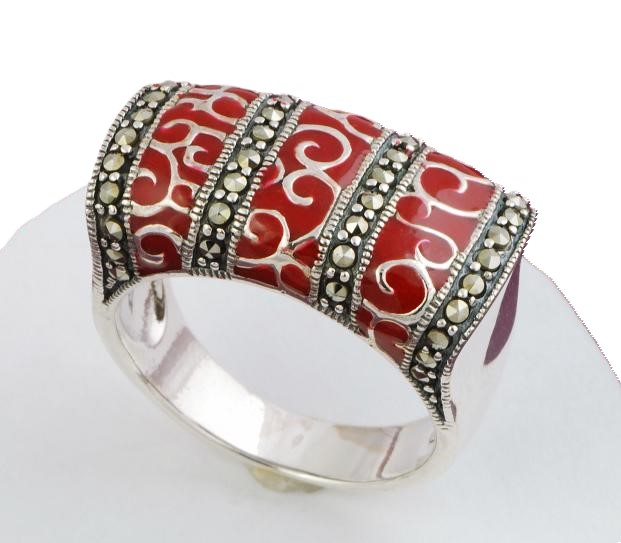Art Deco Sterling Silver & Marcasite with Red Enamel Ring Size 6 - Click Image to Close