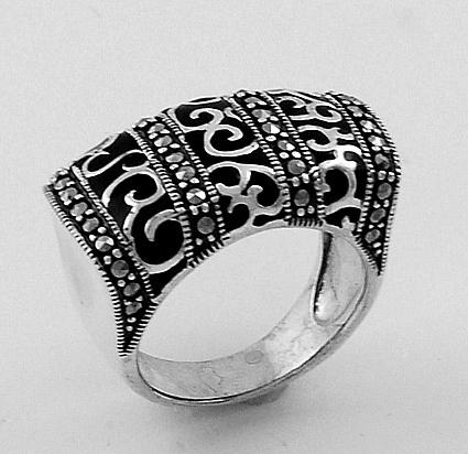 Art Deco Sterling Silver & Marcasite w/ Black Enamel Ring Size 7
