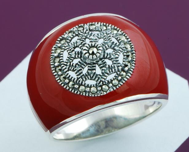 Renaissance Style Marcasite & Red Enamel Sterling Silver Ring 9