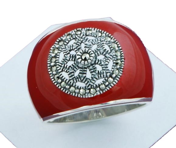 Renaissance Style Marcasite & Red Enamel Sterling Silver Ring 6