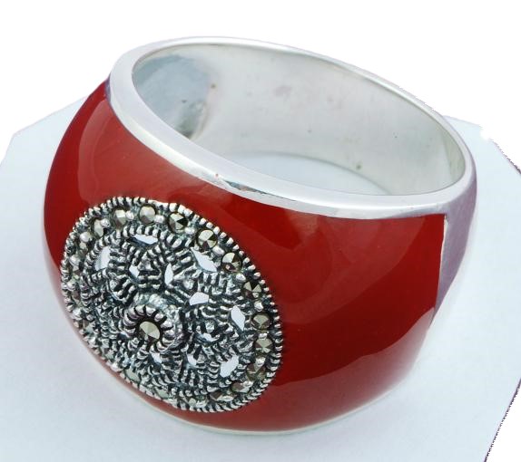 Renaissance Style Marcasite & Red Enamel Sterling Silver Ring 9