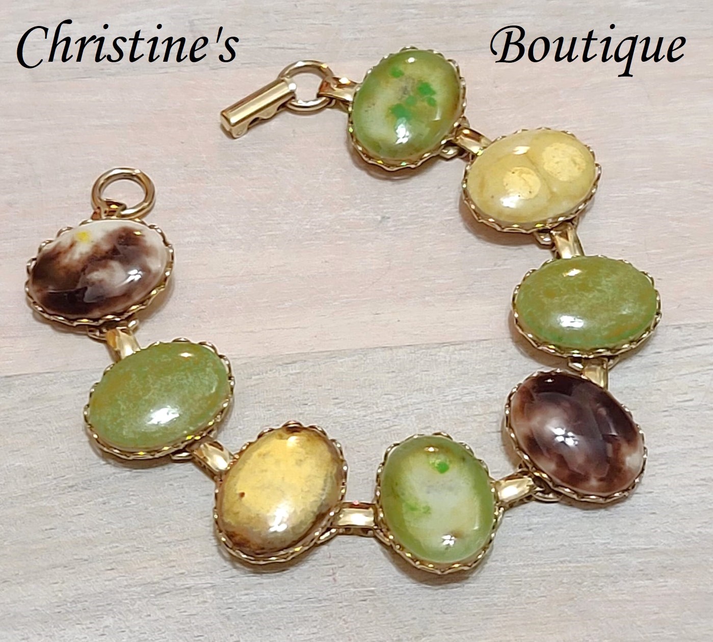 Stone link bracelet, vintage, brown, green and beige hues
