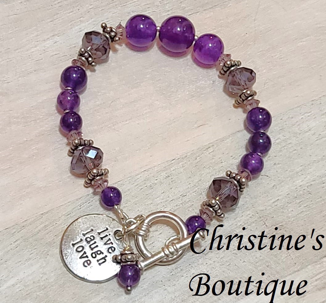 Purple Jade Gemstone & Crystal Sterling Silver Triangle Bracelet