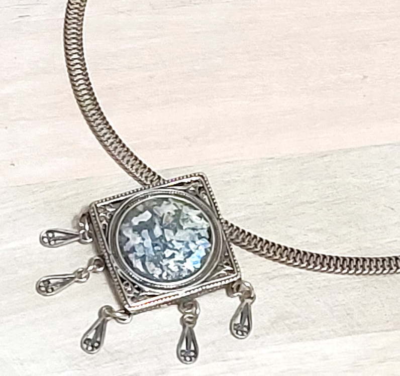Roman glass pendant necklace, filigree slide pendant on chain, set in 925 sterling silver
