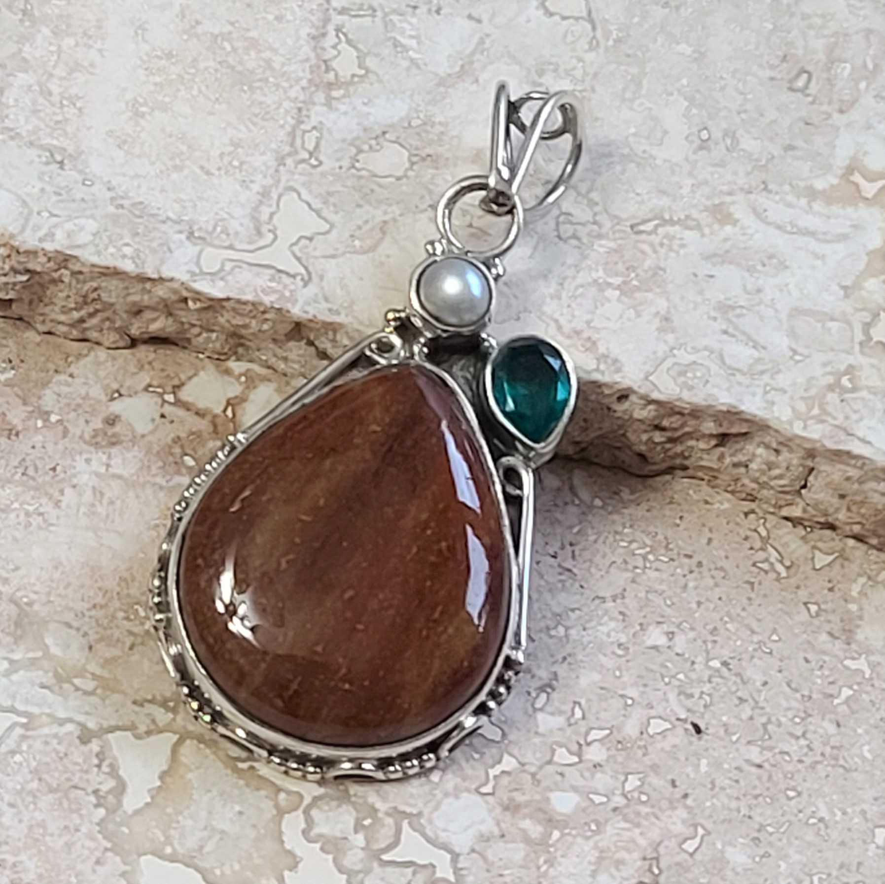 Bloodstone & Cultured Pearl Sterling Silver Pendant