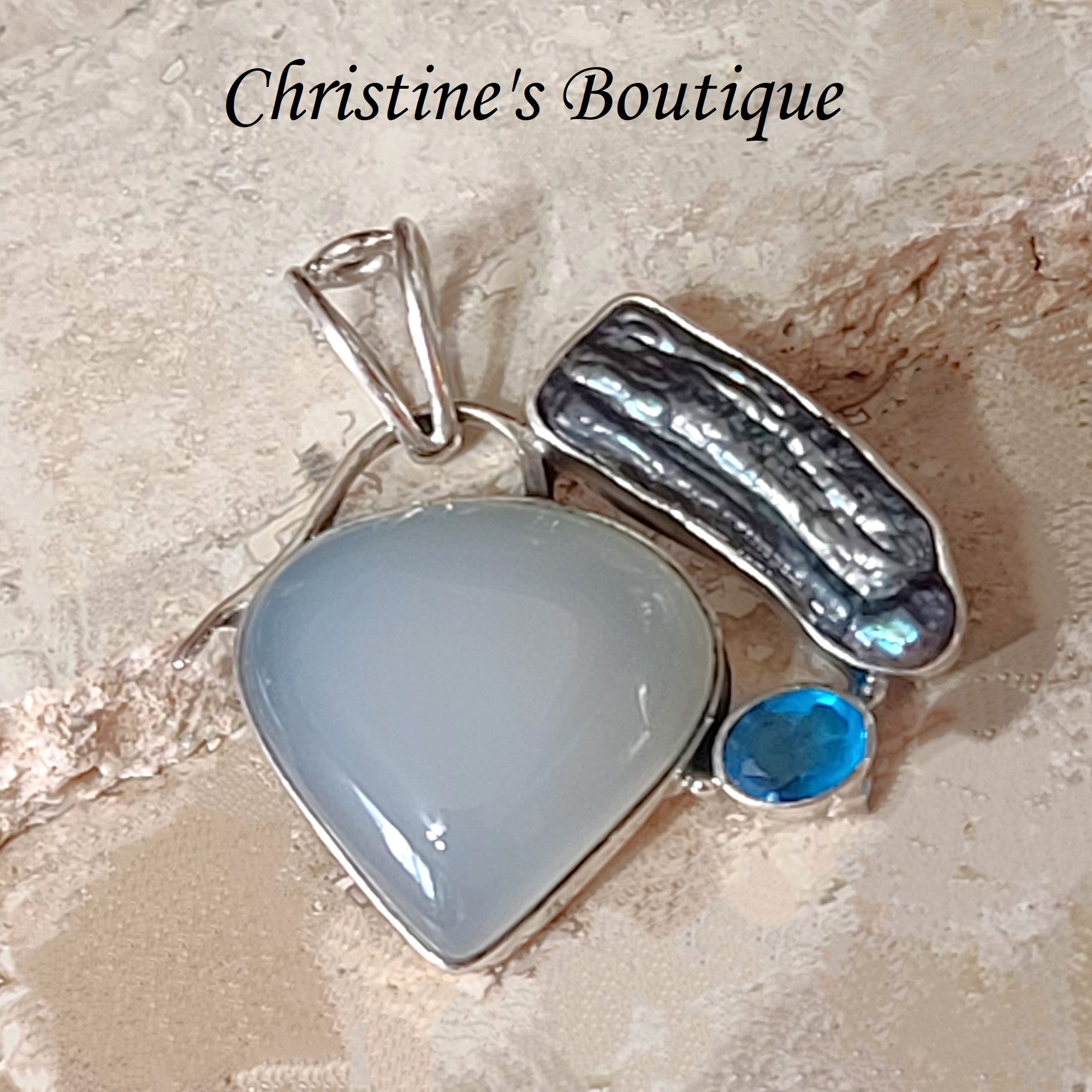 Chalcedony, Biwi pearl and Blue Quartz Sterling Silver Pendant