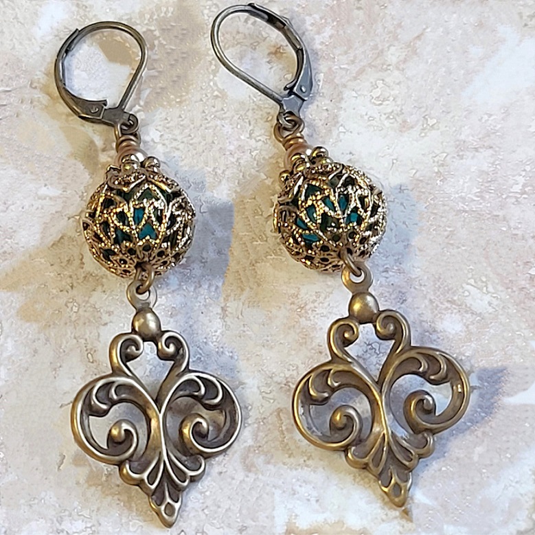 VIctorian style earrings, dangle with caged green glass bead