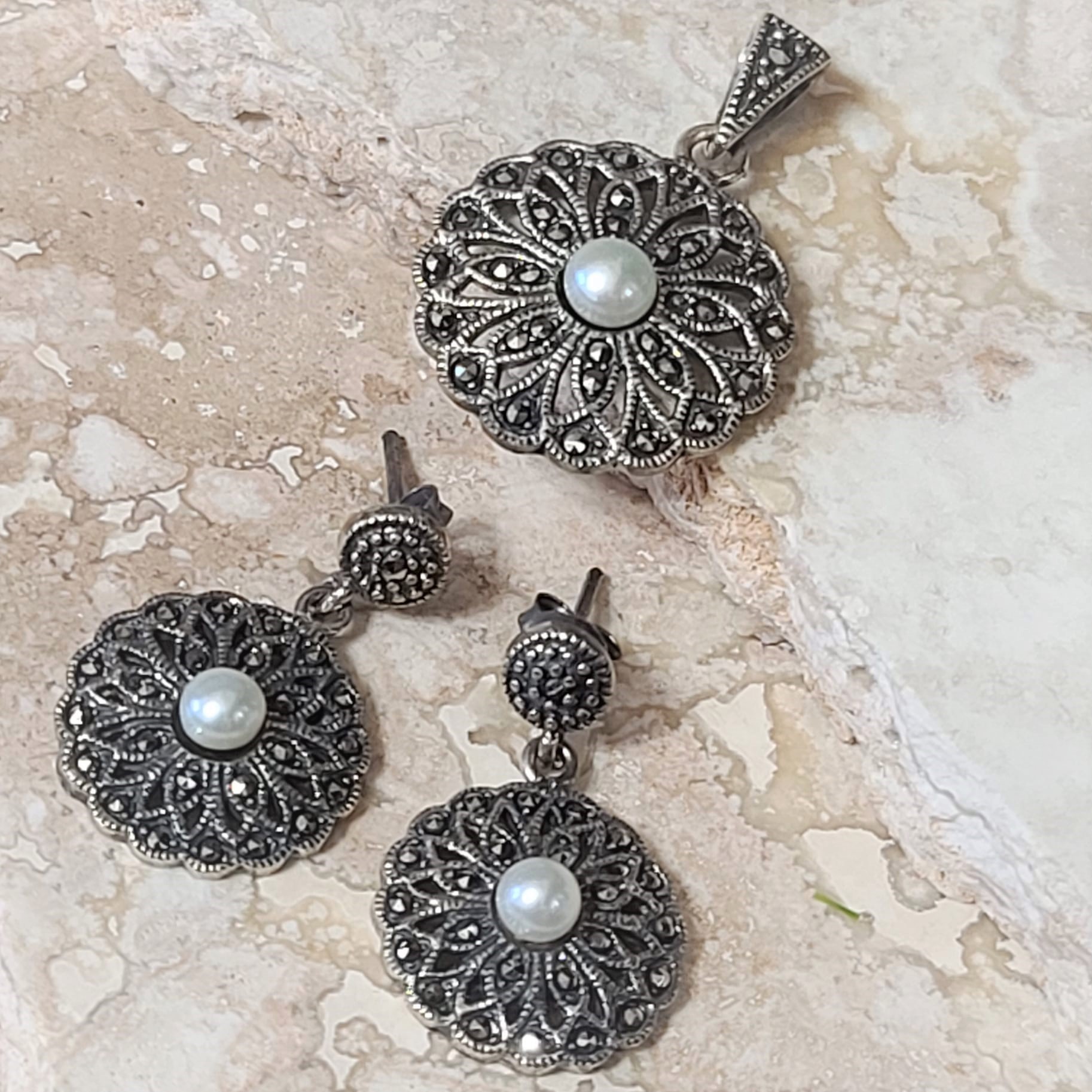 Sterling Silver, Fresh Water Pearls, Marcasite Earrings Pendant