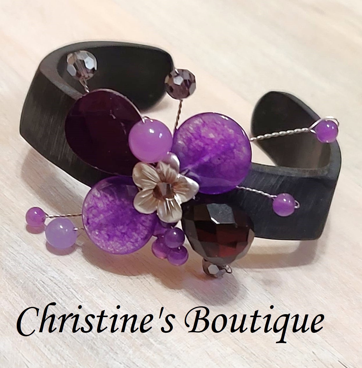 Amethyst Gemstone, Crystal and Glass Wood Cuff Bracelet - Click Image to Close