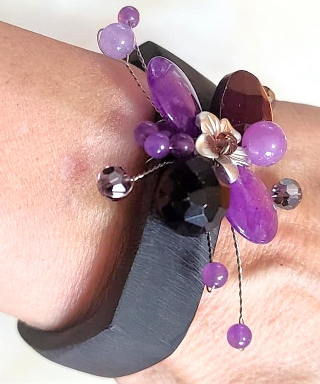 Amethyst Gemstone, Crystal and Glass Wood Cuff Bracelet