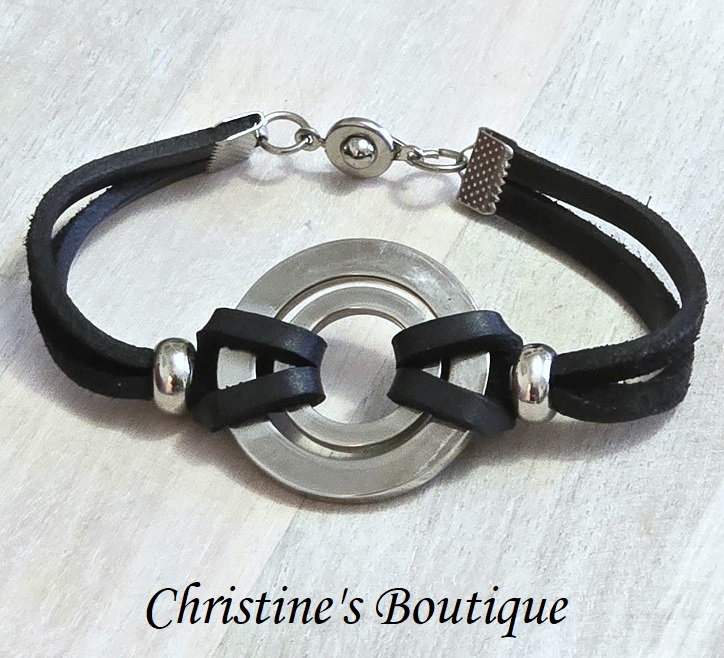 Modernist bracelet handcrafted bracelet, black leather and stainless steel 7" bracelet