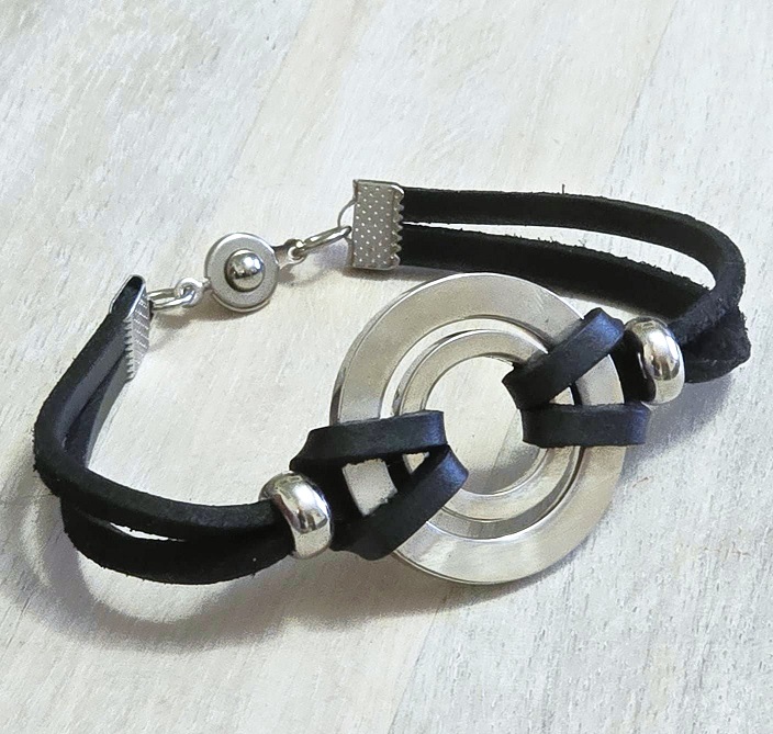 Modernist bracelet handcrafted bracelet, black leather and stainless steel 7" bracelet