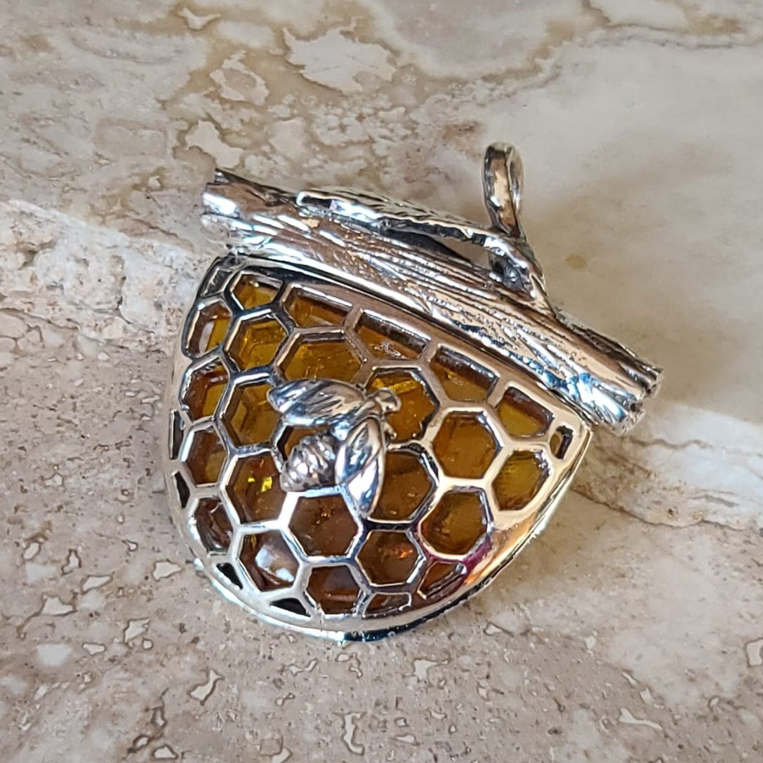 Baltic Amber Gemstone & Sterling Silver Bee Keeper Pendant