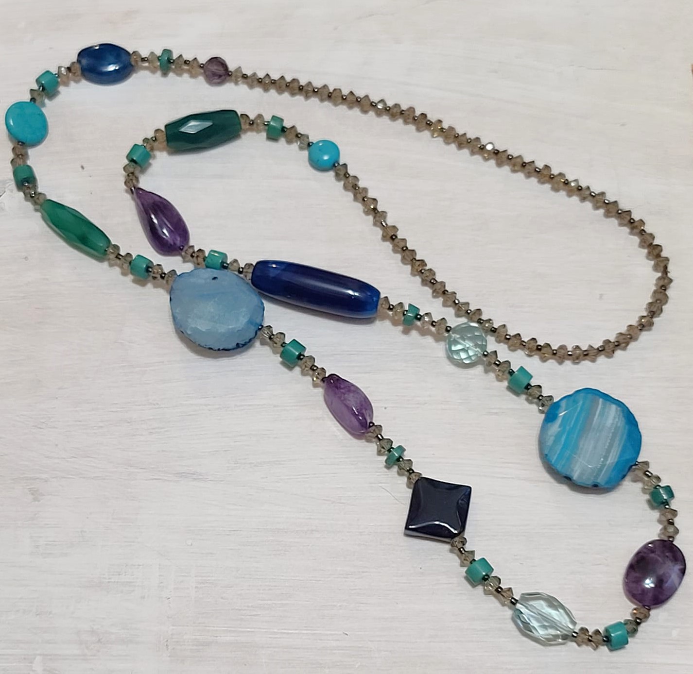 Blue Agate, Amethyst,Turquoise & Glass Bead Necklace 37"