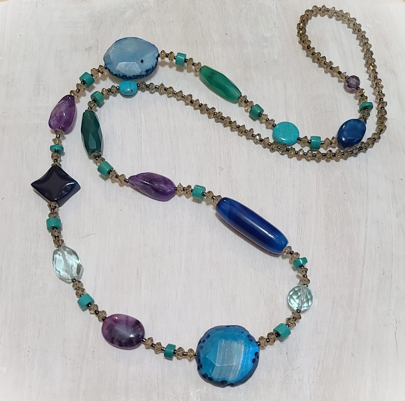 Blue Agate, Amethyst,Turquoise & Glass Bead Necklace 37"