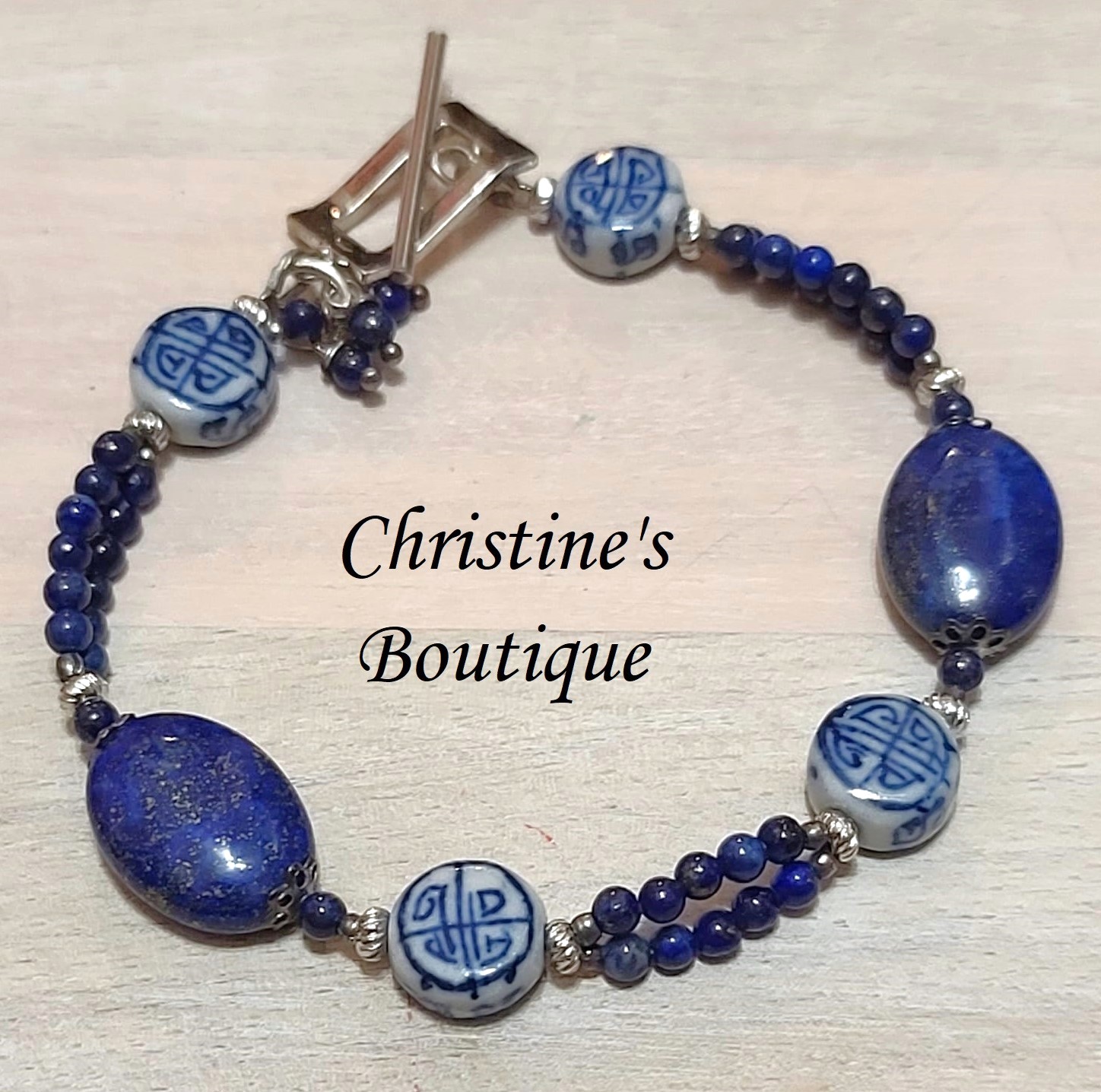 Blue lapis bracelet with asian pattern ceramic beads 2 row