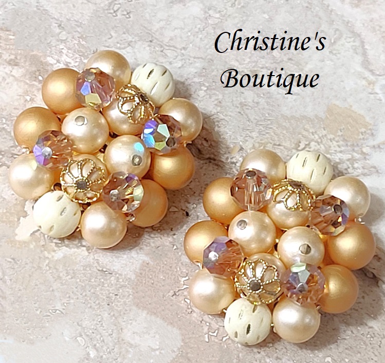 Pearl and crystal earrings, vintage clip ons signed Lorraine Marsel