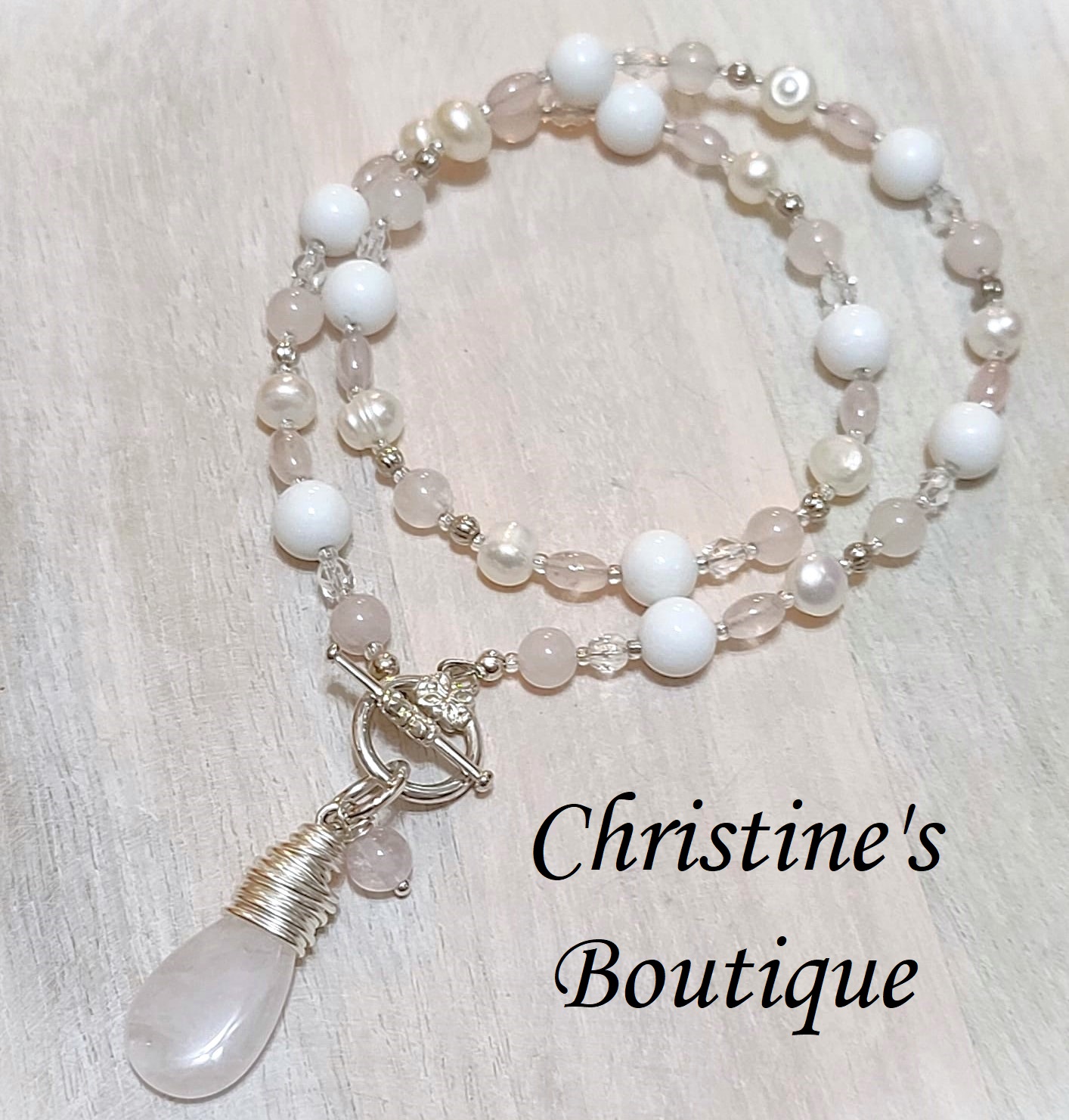 Gemstone lariat necklace, pink quartz, howlite and crystal