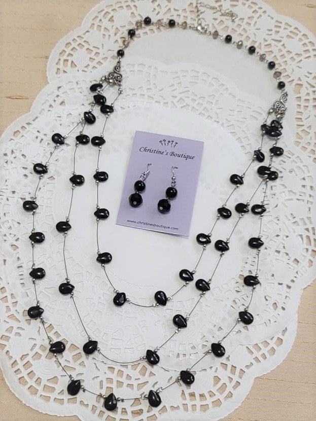 Onyx Gemstone Multi Strand Necklace & Earrings Set
