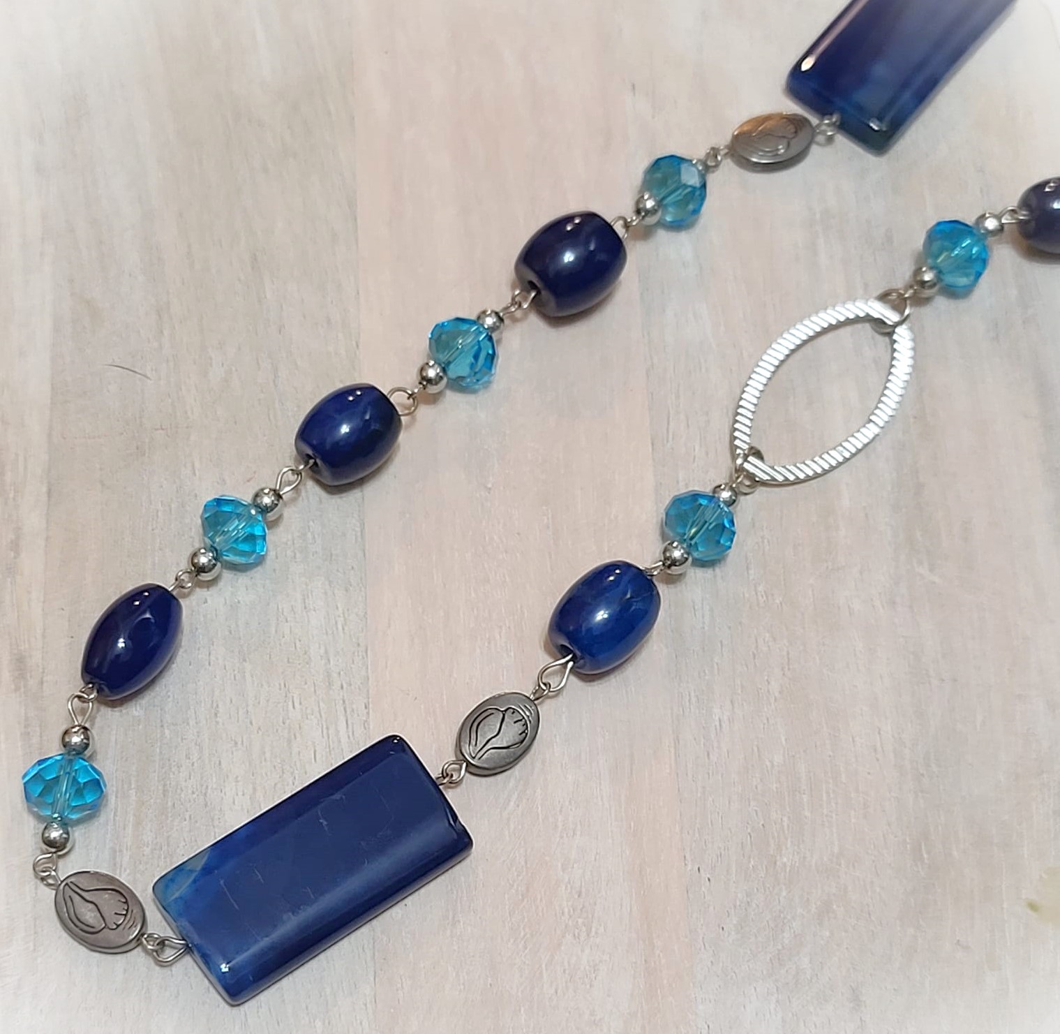 Blue Rhodium Semi Precious Stone & Glass Long Necklace