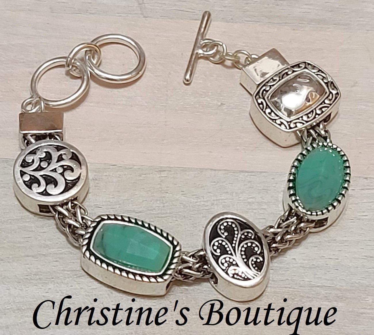 Slide charm bracelet, fashion turquoise cabachons in silver tone, costume - Click Image to Close