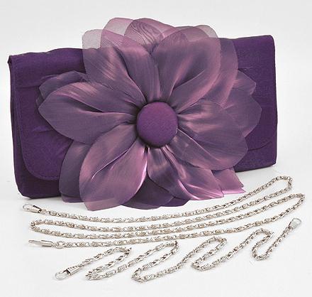 Purple center flower clutch purse with silver chain - Click Image to Close