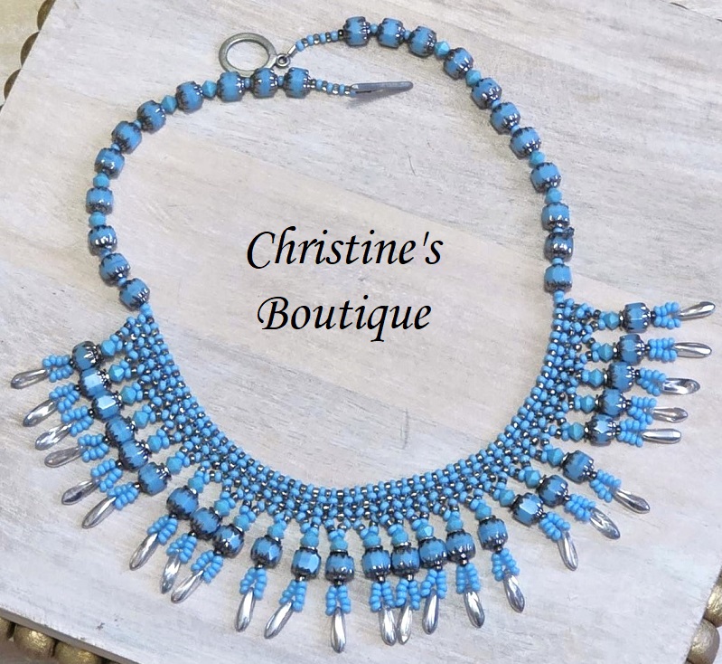 Seed bead necklace, fringe necklace, beaded necklace, turquoise beaded necklace, collar style necklace