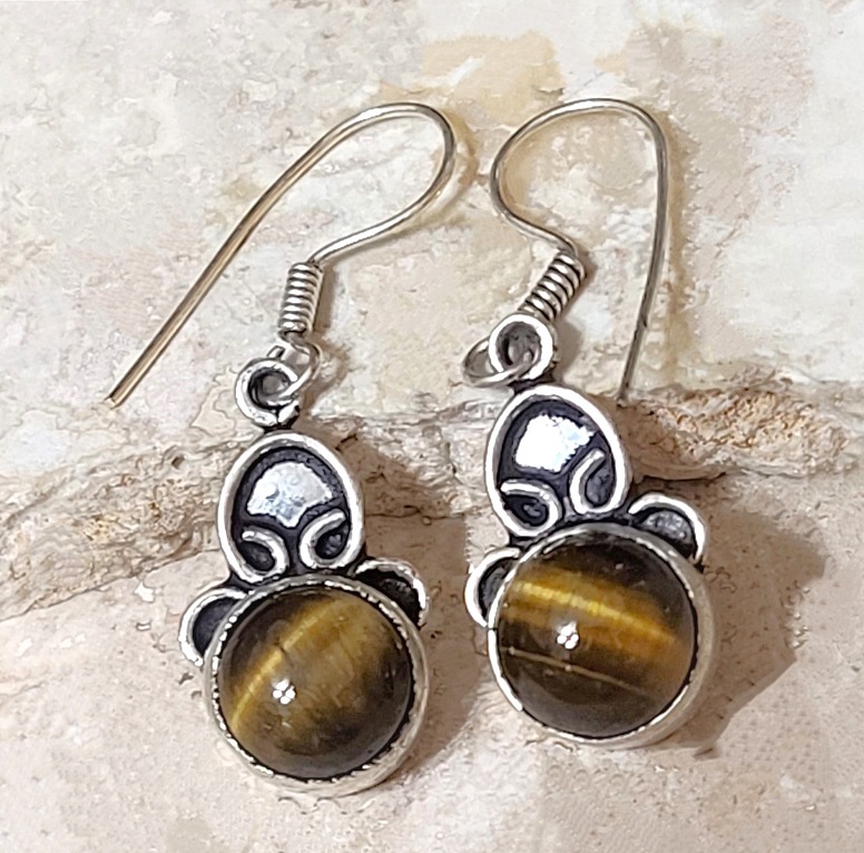 Tiger Eye Gemstone Sterling Silver Earrings - Click Image to Close