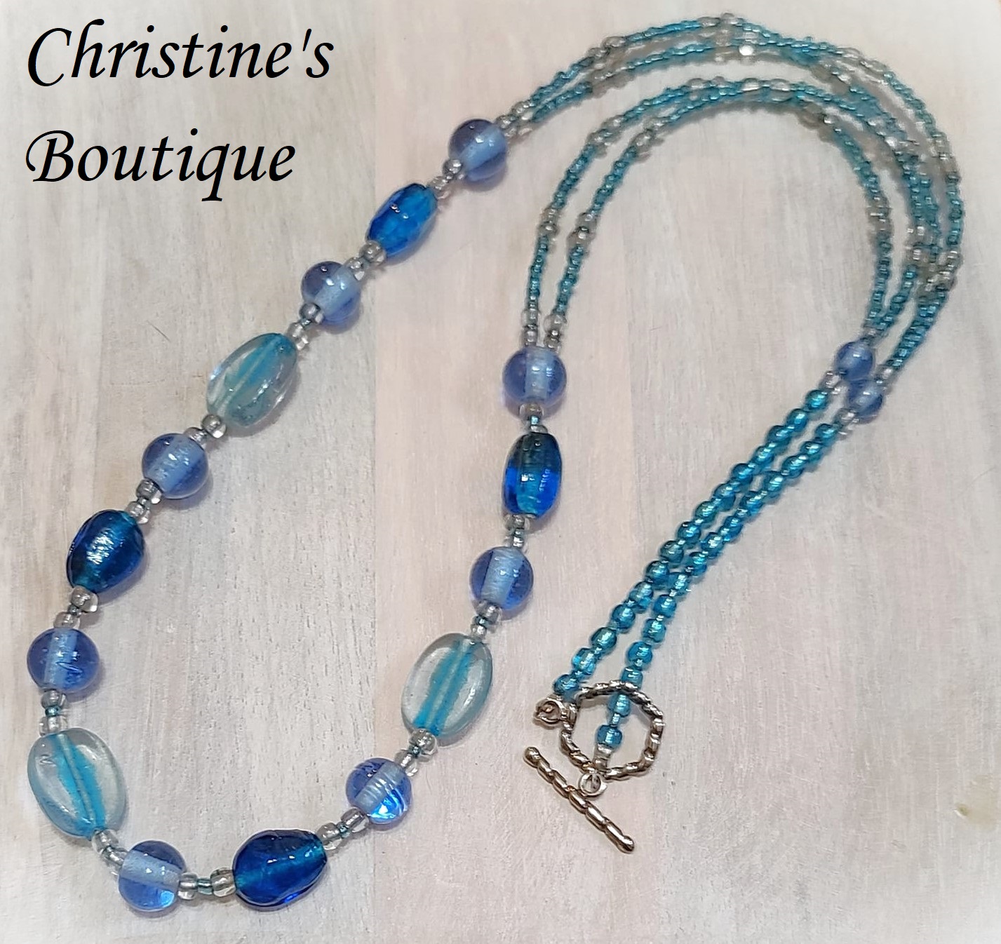 Blue ocean blue glass bead long necklace - Click Image to Close