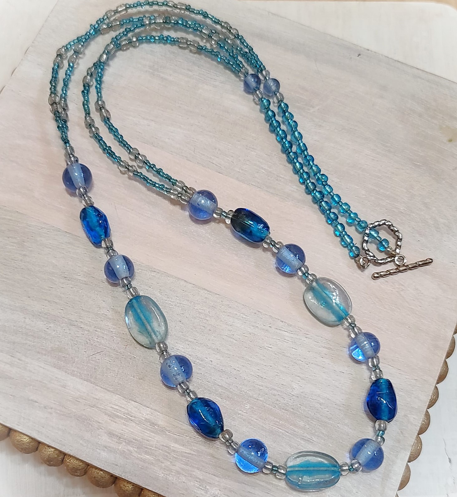Blue ocean blue glass bead long necklace