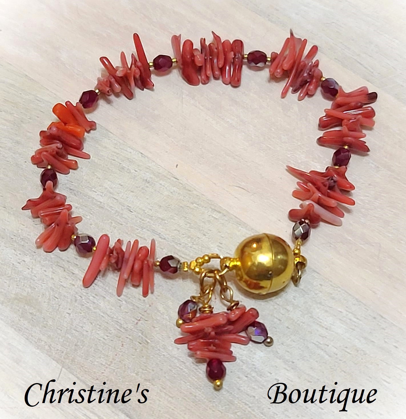 Red Branch Coral Gemstone & Czech Crystal Bracelet - Click Image to Close