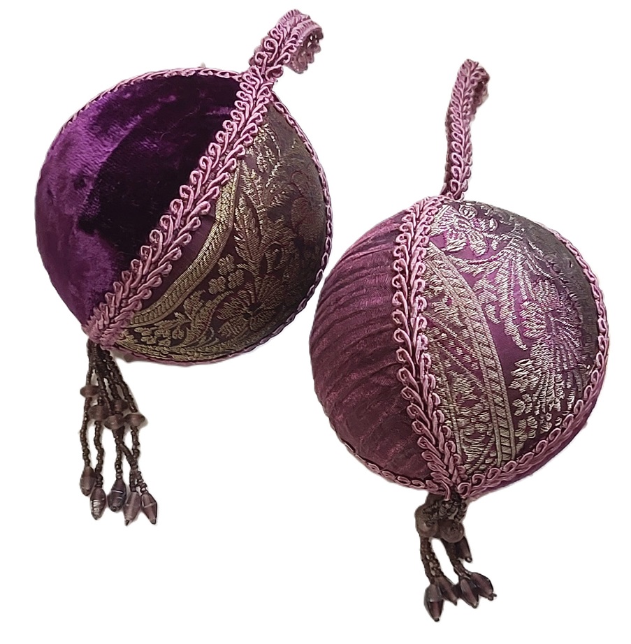 Purple round ornaments, brocade fabric and velvet with beaded tassels, set of 2