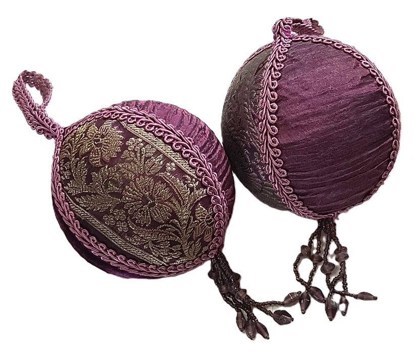 Purple round ornaments, brocade fabric and velvet with beaded tassels, set of 2