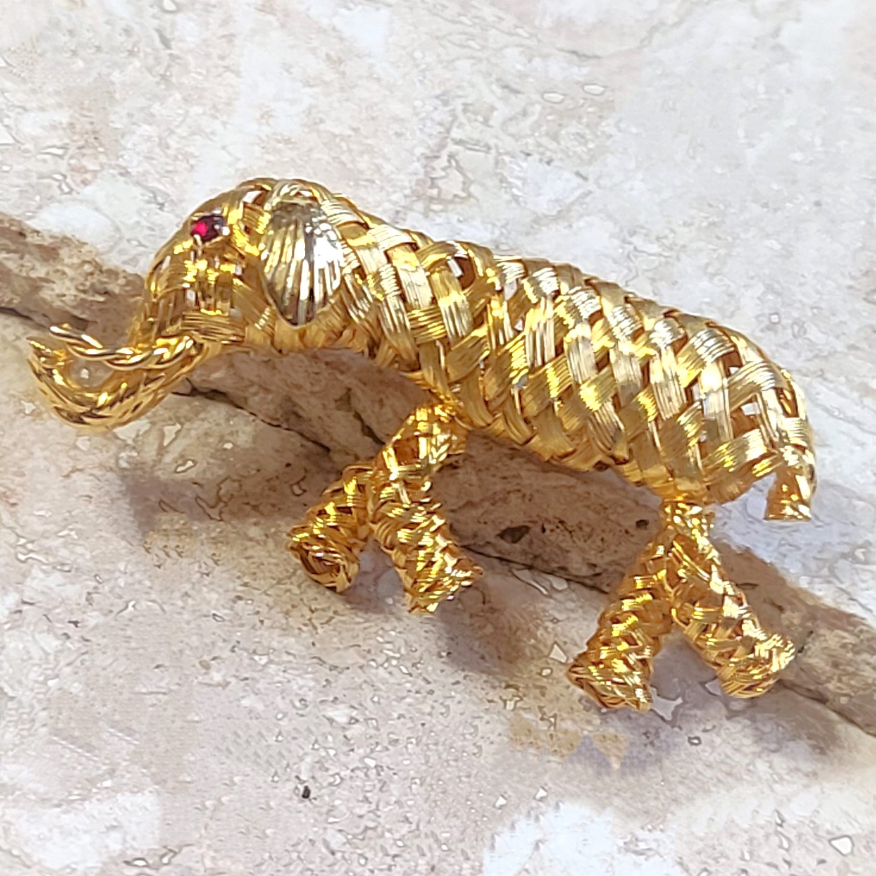 Basketweave gold elephant pin, vintage elephant brooch