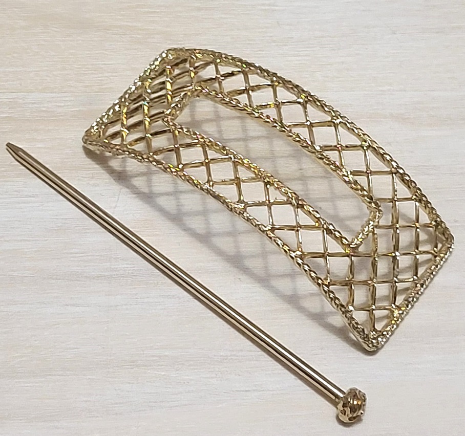 Vintage metal hair barette, open basket weave design with rod, 2 piece hair accessory