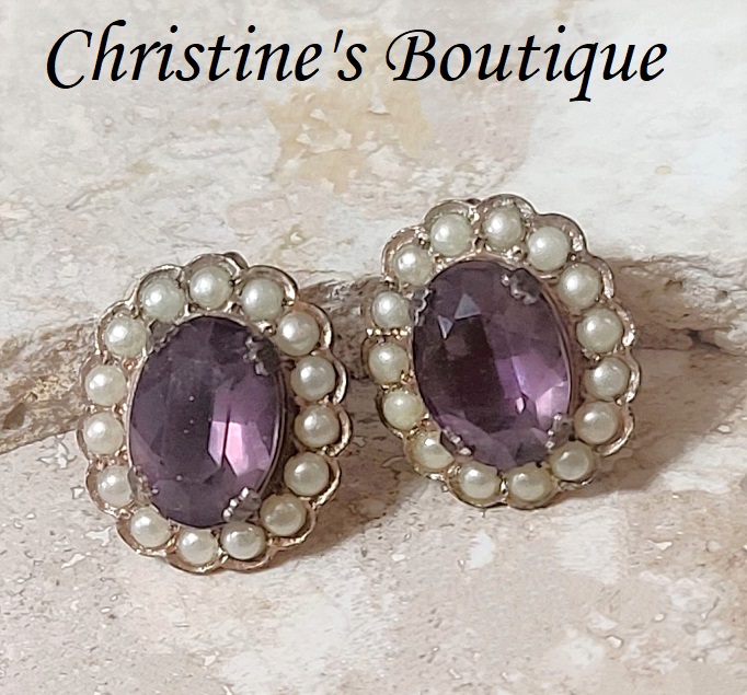Purple rhinestone earrings, vintage, clip on with surrounding pearls