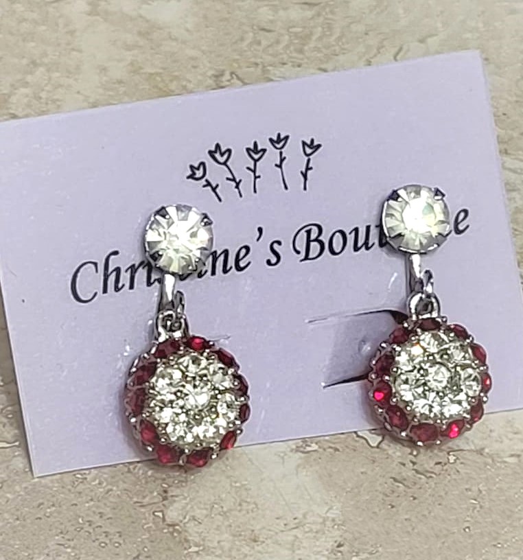 Rhinestone dangle earrinngs, red and white rhinestones, vintage clip on style
