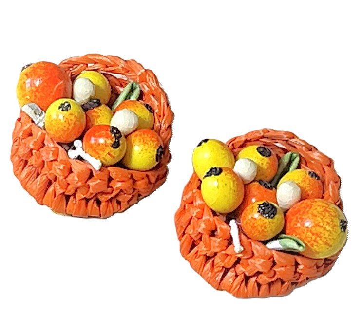 Crochet earrings, fruit basket clip on earrings, vintage signed Germany