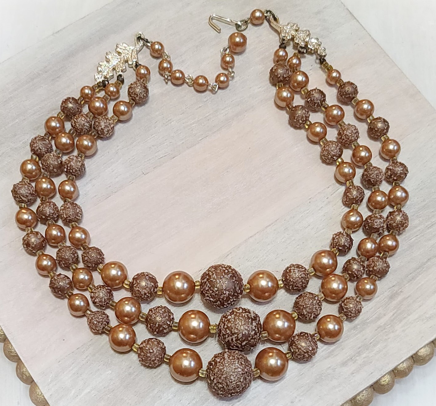 Mocha frosted bead and pearl 3 strand vintage necklace Japan