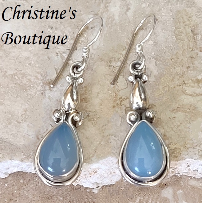 Blue Chalcedony Gemstone & Sterling Silver Earrings